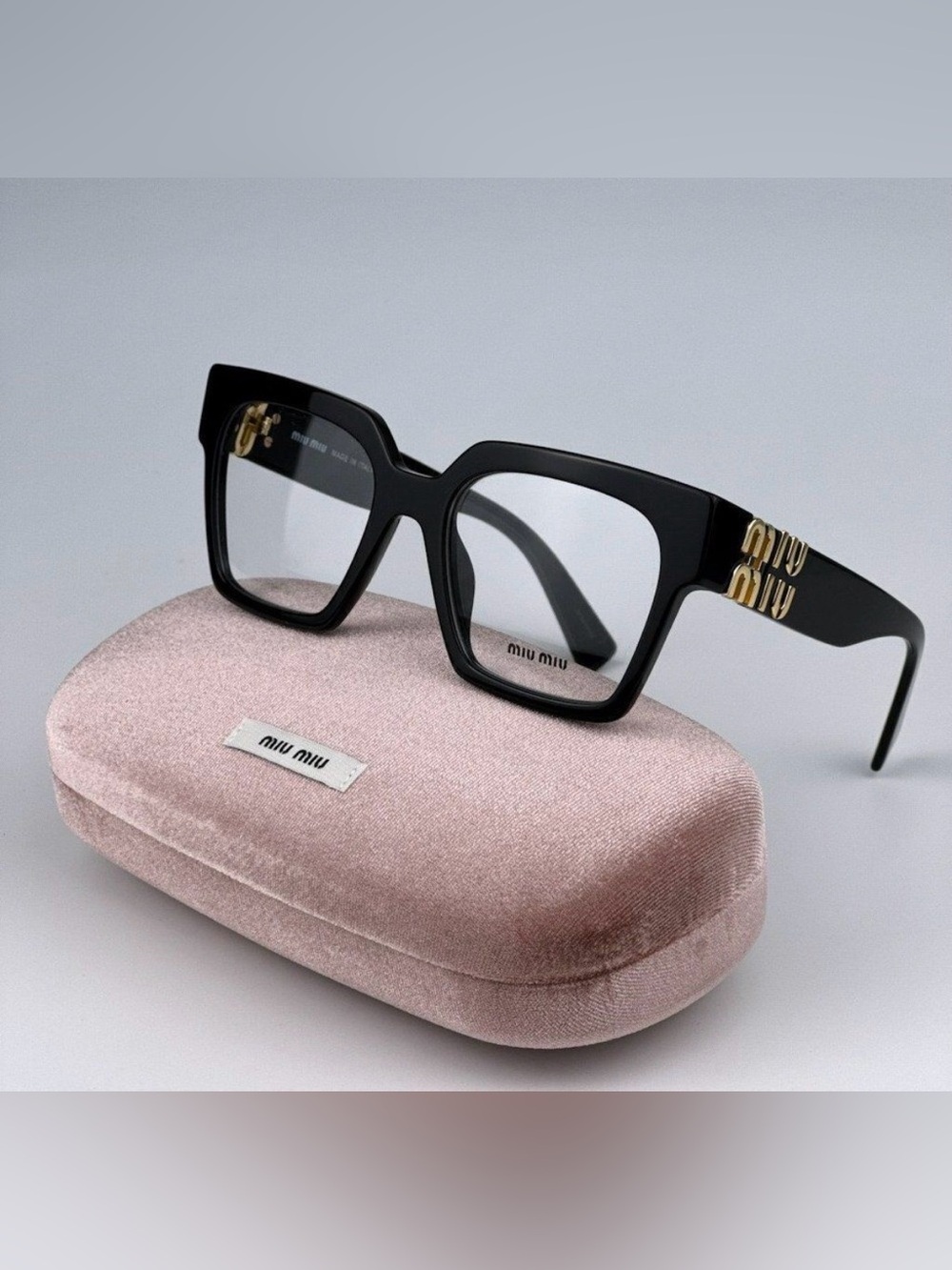 Miu Miu Black Square Frame Sunglasses with Gold Logo Accents